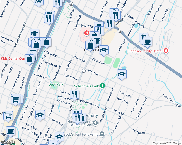 map of restaurants, bars, coffee shops, grocery stores, and more near 170 20th Street Northeast in Cleveland