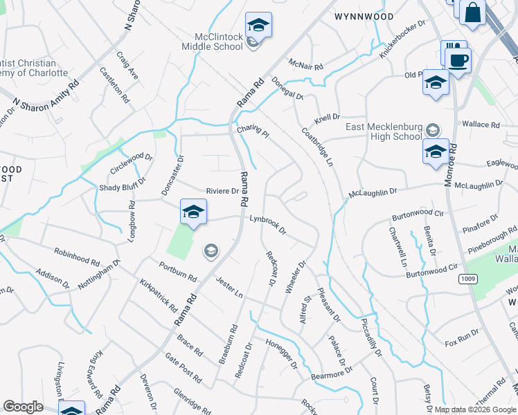 map of restaurants, bars, coffee shops, grocery stores, and more near 1509 Redcoat Drive in Charlotte