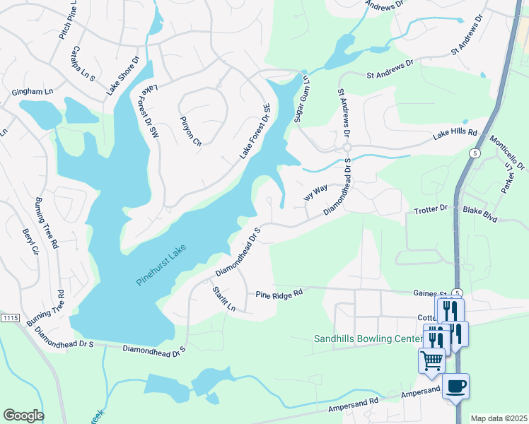 map of restaurants, bars, coffee shops, grocery stores, and more near in Southern Pines