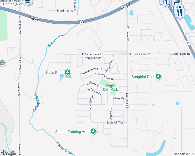 map of restaurants, bars, coffee shops, grocery stores, and more near 836 Golden Eagle Drive in Norman