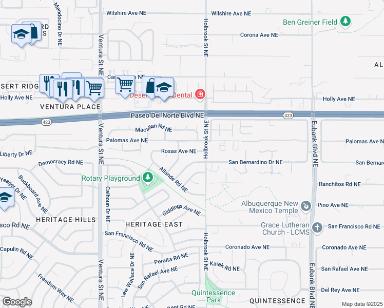 map of restaurants, bars, coffee shops, grocery stores, and more near 9616 Rosas Avenue Northeast in Albuquerque