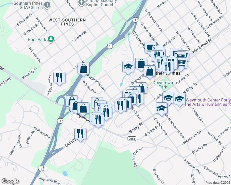 map of restaurants, bars, coffee shops, grocery stores, and more near 540 South Bennett Street in Southern Pines