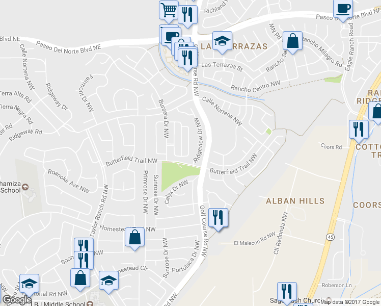 map of restaurants, bars, coffee shops, grocery stores, and more near 7704 Redberry Street Northwest in Albuquerque