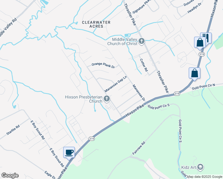 map of restaurants, bars, coffee shops, grocery stores, and more near 6824 Manassas Gap Lane in Middle Valley