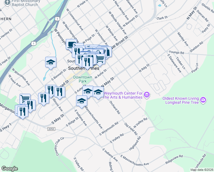 map of restaurants, bars, coffee shops, grocery stores, and more near 165 North May Street in Southern Pines