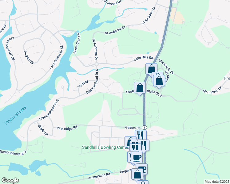 map of restaurants, bars, coffee shops, grocery stores, and more near 2501 Wentworth Circle in Pinehurst