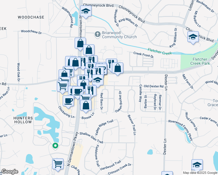 map of restaurants, bars, coffee shops, grocery stores, and more near 8226 Town N Country Drive in Memphis