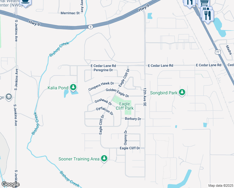 map of restaurants, bars, coffee shops, grocery stores, and more near 900 Golden Eagle Drive in Norman