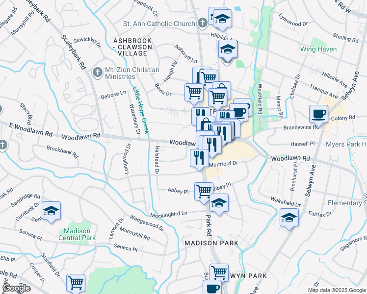 map of restaurants, bars, coffee shops, grocery stores, and more near 1342 East Woodlawn Road in Charlotte