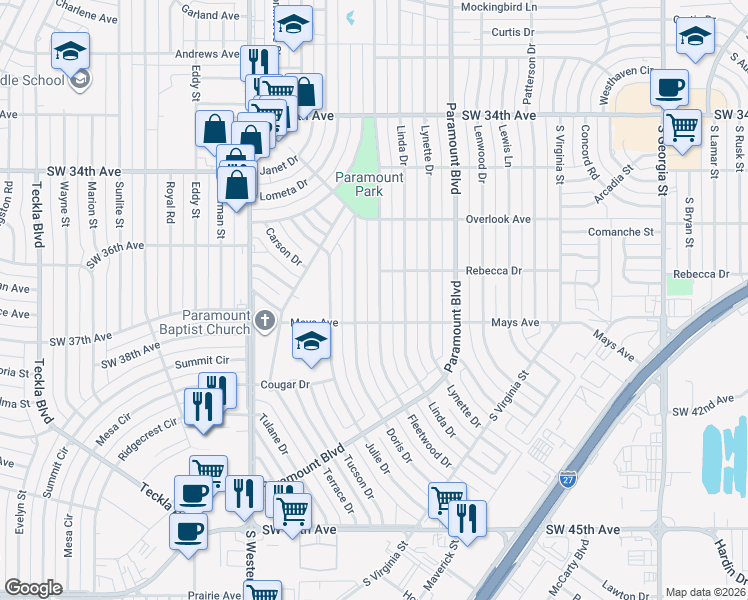 map of restaurants, bars, coffee shops, grocery stores, and more near 3708 Fleetwood Drive in Amarillo