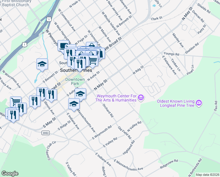 map of restaurants, bars, coffee shops, grocery stores, and more near 240 North Ridge Street in Southern Pines