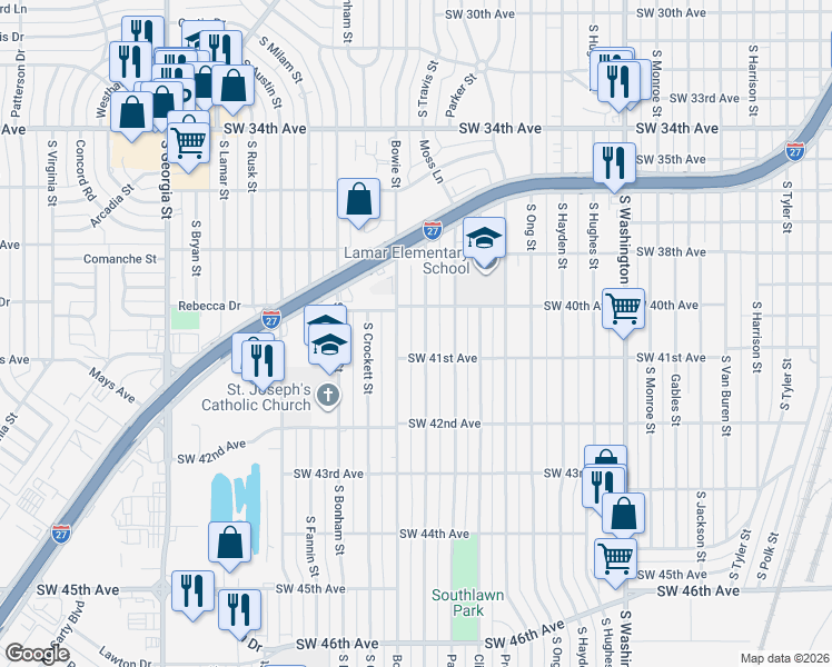 map of restaurants, bars, coffee shops, grocery stores, and more near 4009 South Travis Street in Amarillo