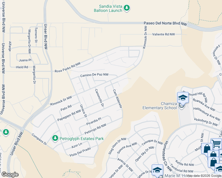 map of restaurants, bars, coffee shops, grocery stores, and more near 8012 Camino Alderete in Albuquerque