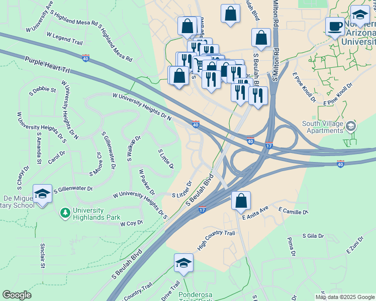 map of restaurants, bars, coffee shops, grocery stores, and more near 3230 Mehrhoff Place in Flagstaff