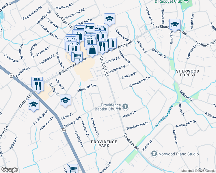 map of restaurants, bars, coffee shops, grocery stores, and more near 4740 Randolph Road in Charlotte