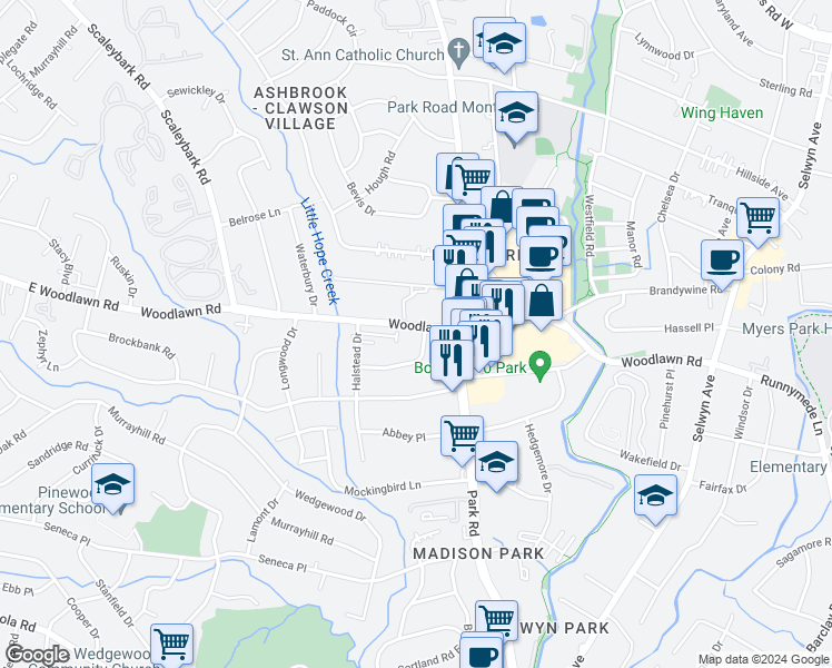 map of restaurants, bars, coffee shops, grocery stores, and more near 1342 East Woodlawn Road in Charlotte