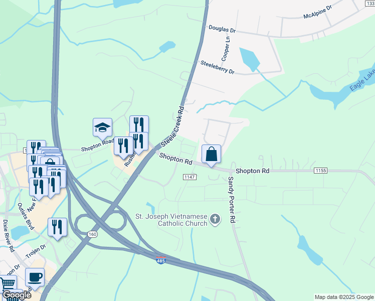 map of restaurants, bars, coffee shops, grocery stores, and more near 4572 Shopton Road in Charlotte