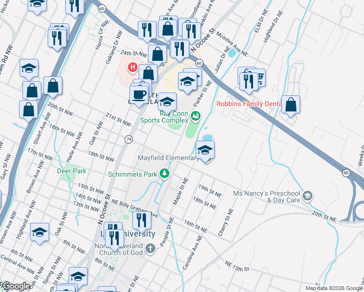 map of restaurants, bars, coffee shops, grocery stores, and more near 2141 Parker Street Northeast in Cleveland