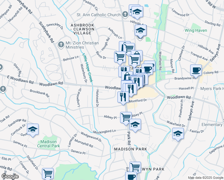 map of restaurants, bars, coffee shops, grocery stores, and more near 1342 East Woodlawn Road in Charlotte