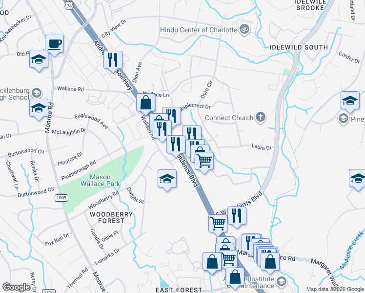map of restaurants, bars, coffee shops, grocery stores, and more near 6541 East Independence Boulevard in Charlotte