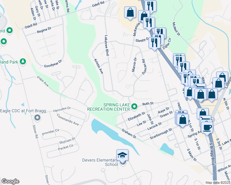 map of restaurants, bars, coffee shops, grocery stores, and more near 609 Duncan Road in Spring Lake