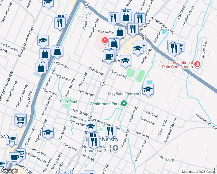 map of restaurants, bars, coffee shops, grocery stores, and more near 170 20th Street Northeast in Cleveland