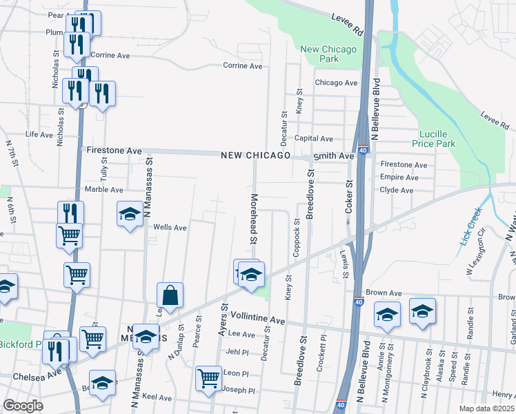 map of restaurants, bars, coffee shops, grocery stores, and more near 968 Eldridge Avenue in Memphis