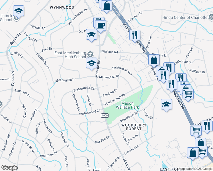 map of restaurants, bars, coffee shops, grocery stores, and more near 910 Burtonwood Circle in Charlotte