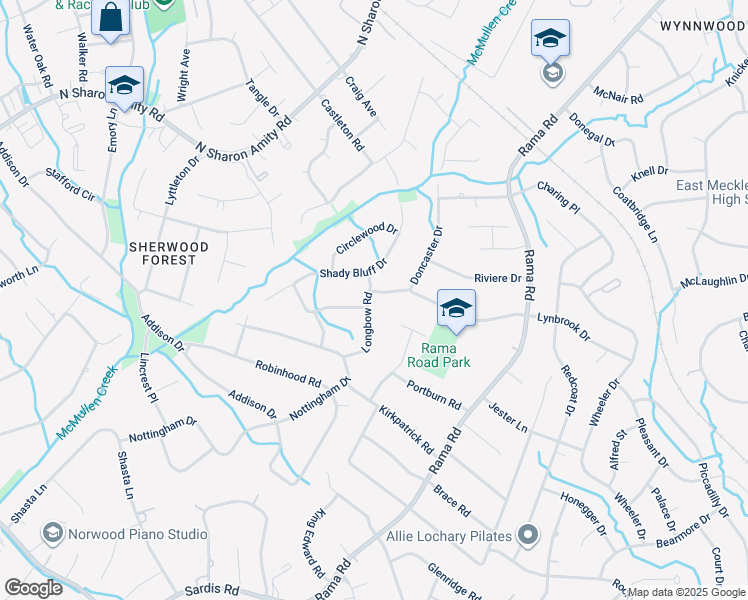 map of restaurants, bars, coffee shops, grocery stores, and more near 910 Longbow Road in Charlotte