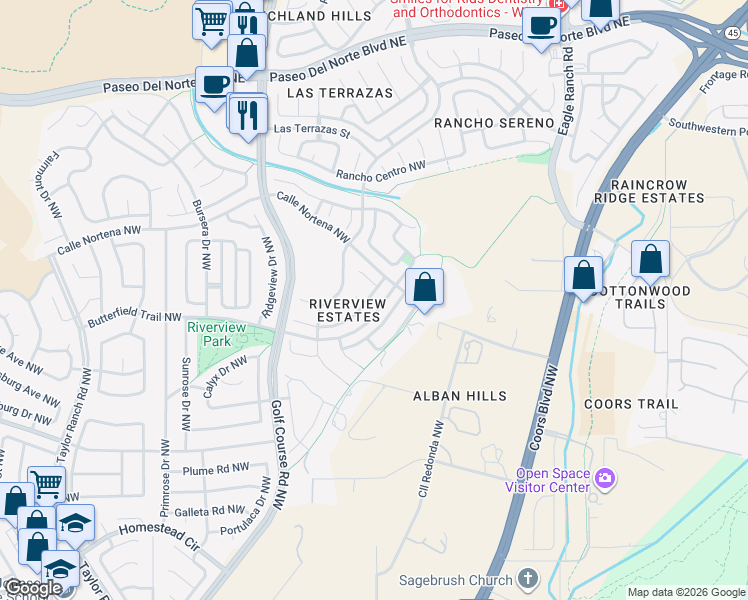 map of restaurants, bars, coffee shops, grocery stores, and more near 4216 Rio Colorado Road Northwest in Albuquerque