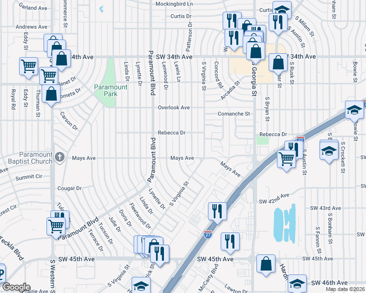 map of restaurants, bars, coffee shops, grocery stores, and more near 3709 Lewis Lane in Amarillo