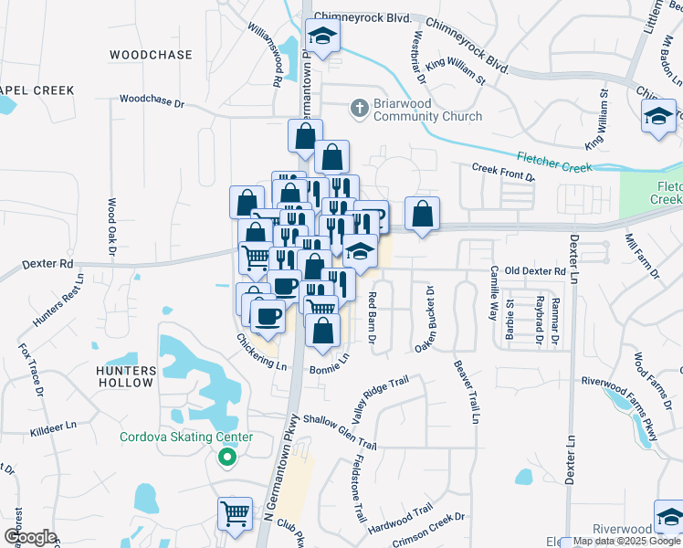map of restaurants, bars, coffee shops, grocery stores, and more near 1695 Bonnie Lane in Memphis