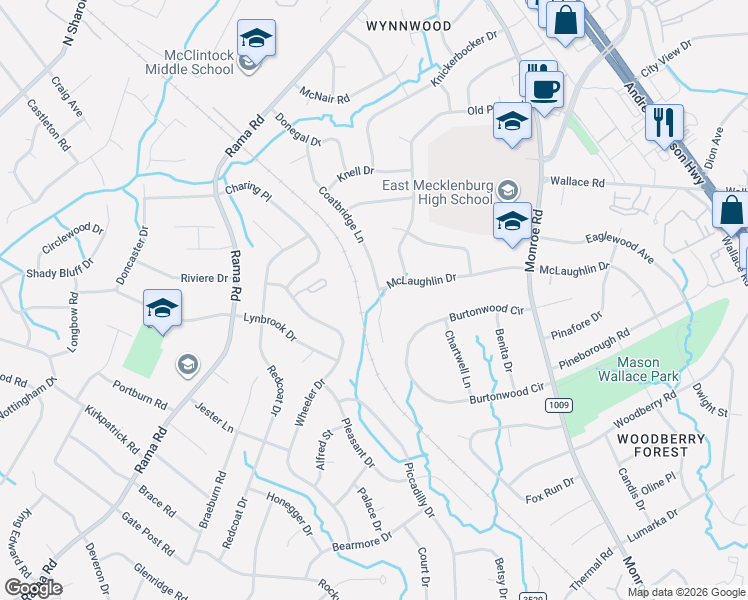 map of restaurants, bars, coffee shops, grocery stores, and more near 6210 Coatbridge Lane in Charlotte