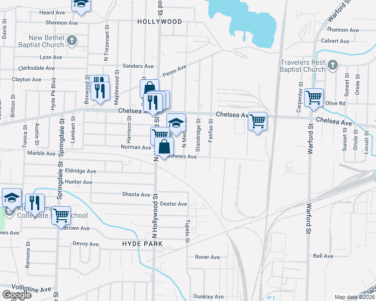 map of restaurants, bars, coffee shops, grocery stores, and more near 1318 North Merton Street in Memphis