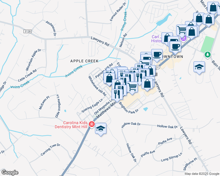 map of restaurants, bars, coffee shops, grocery stores, and more near 7102 Brighton Park Drive in Mint Hill