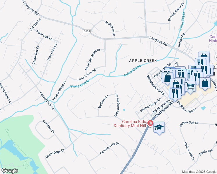 map of restaurants, bars, coffee shops, grocery stores, and more near 10335 Spring Meadow Drive in Mint Hill