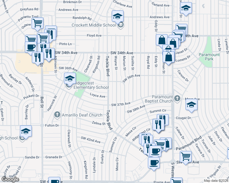 map of restaurants, bars, coffee shops, grocery stores, and more near 3610 Wayne Street in Amarillo