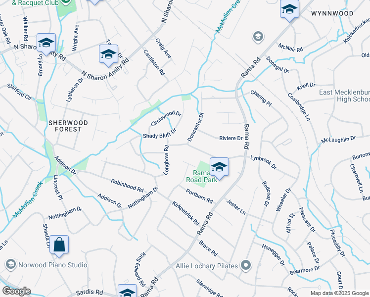 map of restaurants, bars, coffee shops, grocery stores, and more near 1335 Lynbrook Drive in Charlotte