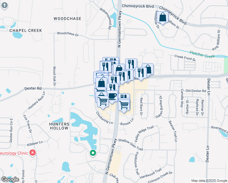 map of restaurants, bars, coffee shops, grocery stores, and more near 1705 Tennessee 177 in Memphis