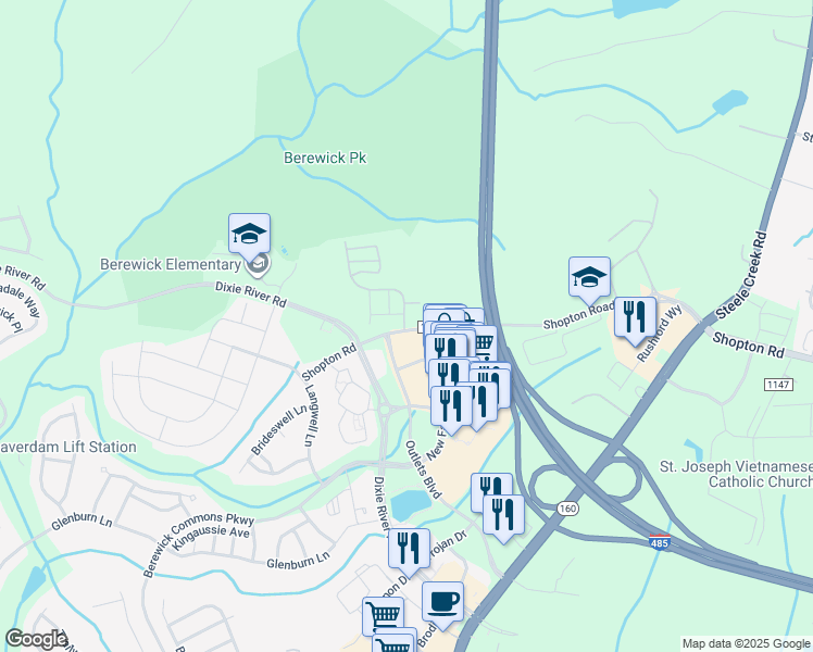 map of restaurants, bars, coffee shops, grocery stores, and more near 5624 Shopton Road in Charlotte