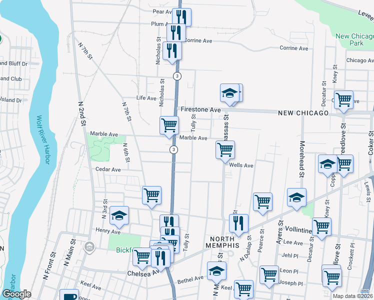 map of restaurants, bars, coffee shops, grocery stores, and more near 1121 Tully Street in Memphis