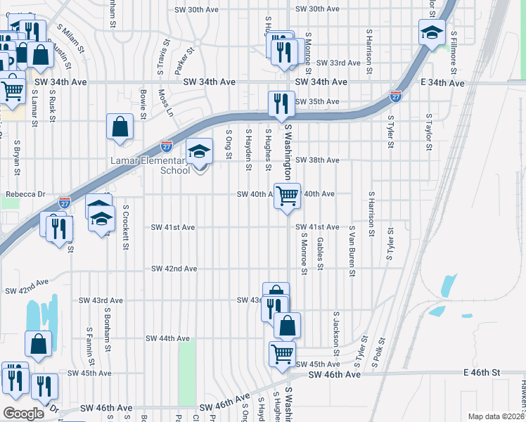 map of restaurants, bars, coffee shops, grocery stores, and more near 4008 S Hughes St in Amarillo