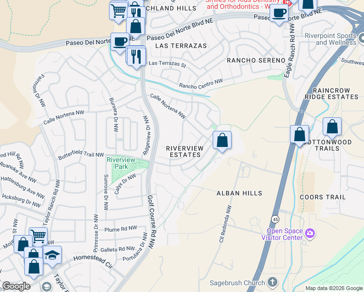map of restaurants, bars, coffee shops, grocery stores, and more near 4324 Los Metates Road Northwest in Albuquerque