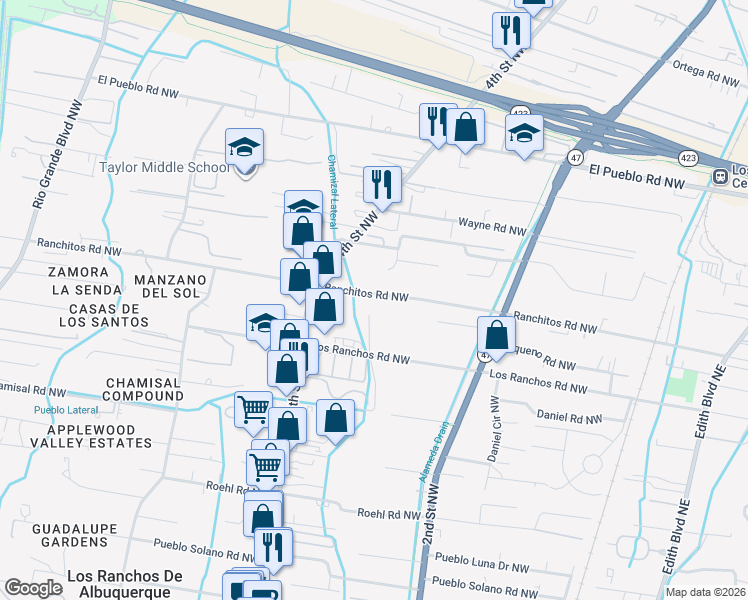 map of restaurants, bars, coffee shops, grocery stores, and more near 316 Ranchitos Road Northwest in Albuquerque
