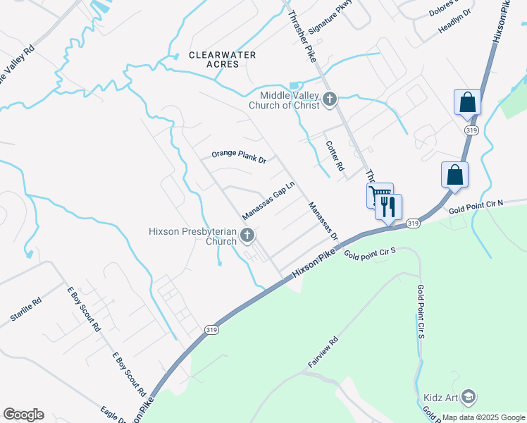 map of restaurants, bars, coffee shops, grocery stores, and more near 6830 Manassas Gap Lane in Middle Valley