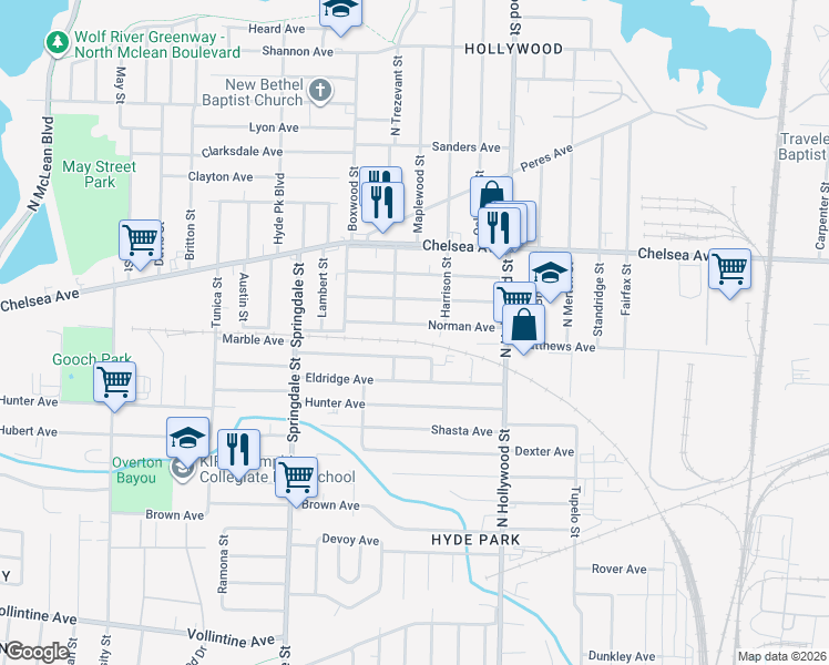map of restaurants, bars, coffee shops, grocery stores, and more near 2343 Norman Avenue in Memphis
