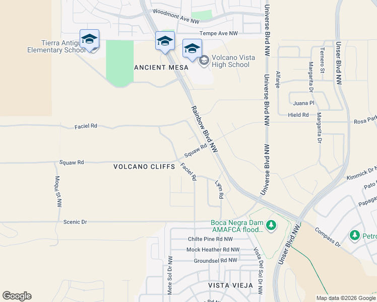 map of restaurants, bars, coffee shops, grocery stores, and more near Squaw Road in Albuquerque