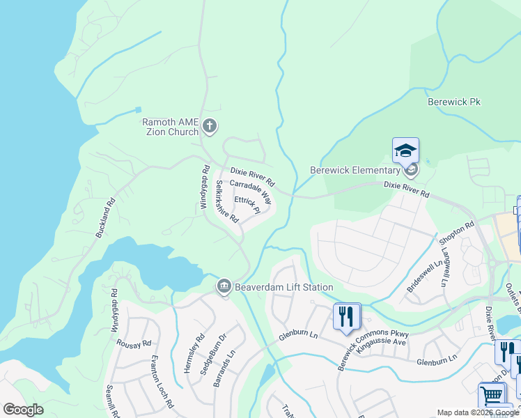 map of restaurants, bars, coffee shops, grocery stores, and more near 3539 Ettrick Place in Charlotte