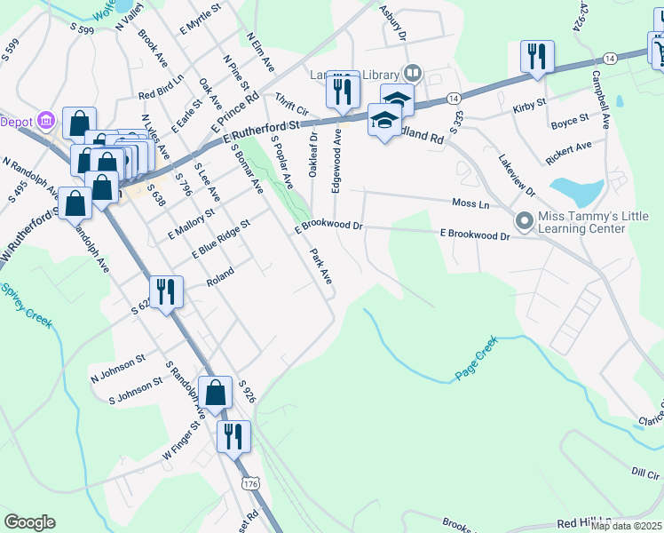 map of restaurants, bars, coffee shops, grocery stores, and more near 111 Park Avenue in Landrum