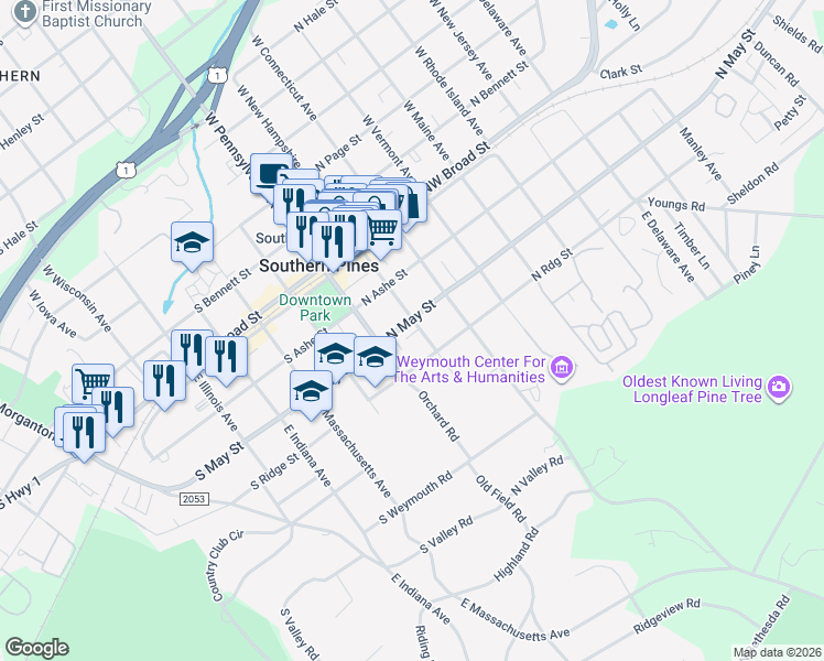 map of restaurants, bars, coffee shops, grocery stores, and more near 165 North May Street in Southern Pines